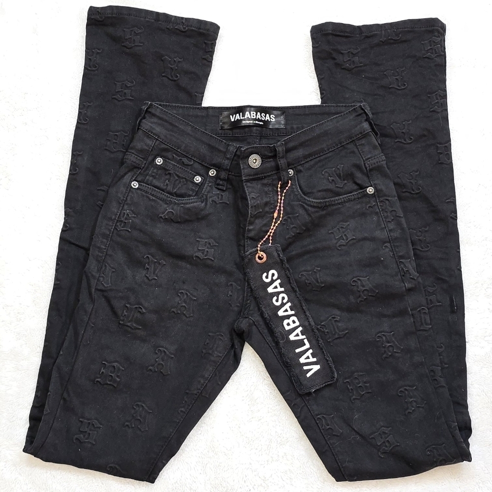 Valabasas Black All Over Embossed Logo Slim Flare Bootcut Jeans Y2K Sz.28